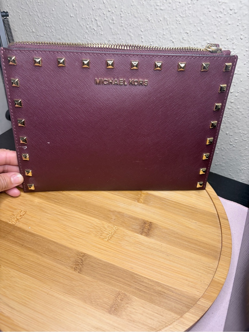 Michael Kors Plum and Beige Zip Pouch with Gold Hardware